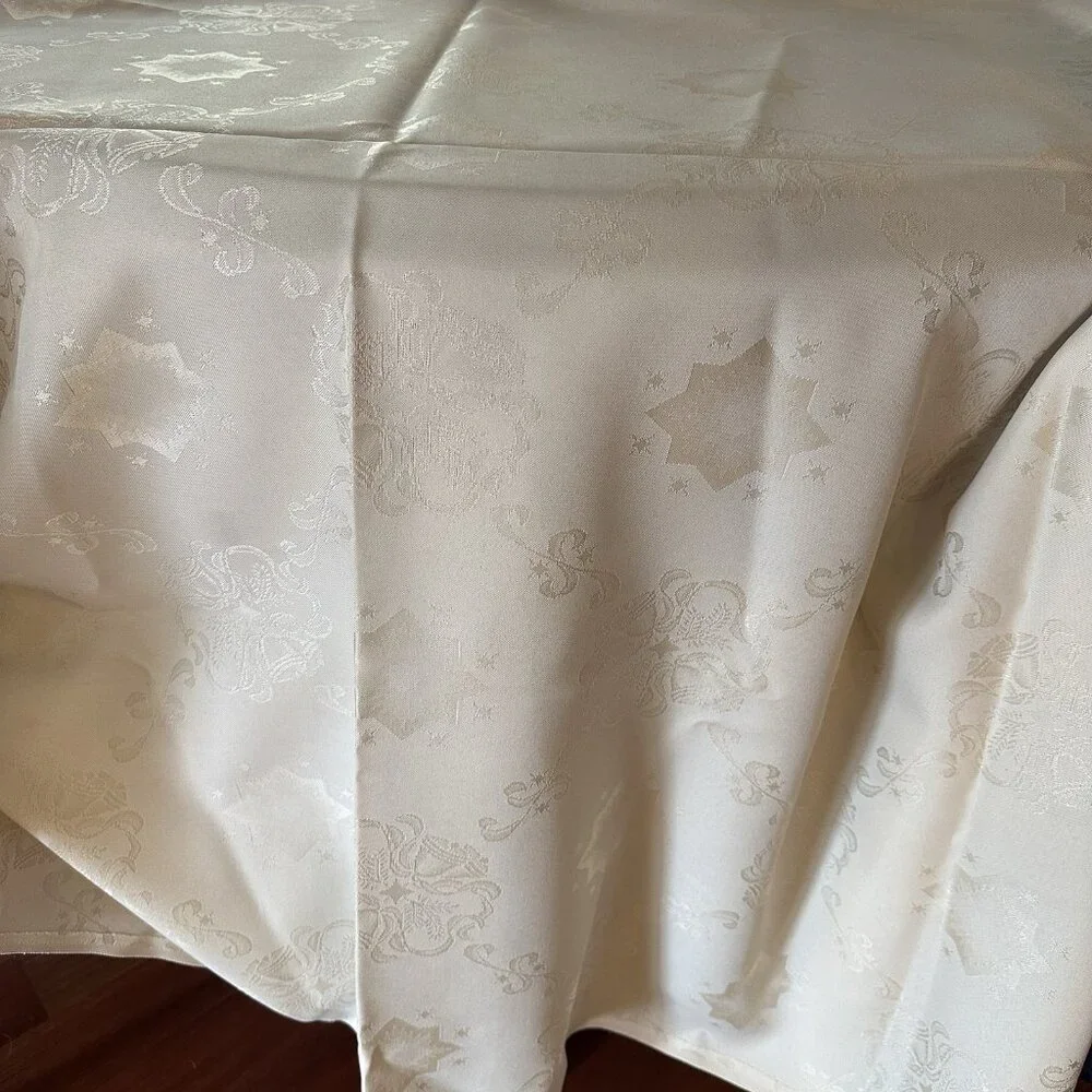 Vintage Cream Satin Damask Tablecloth 70 x 54 Floral Star Pattern